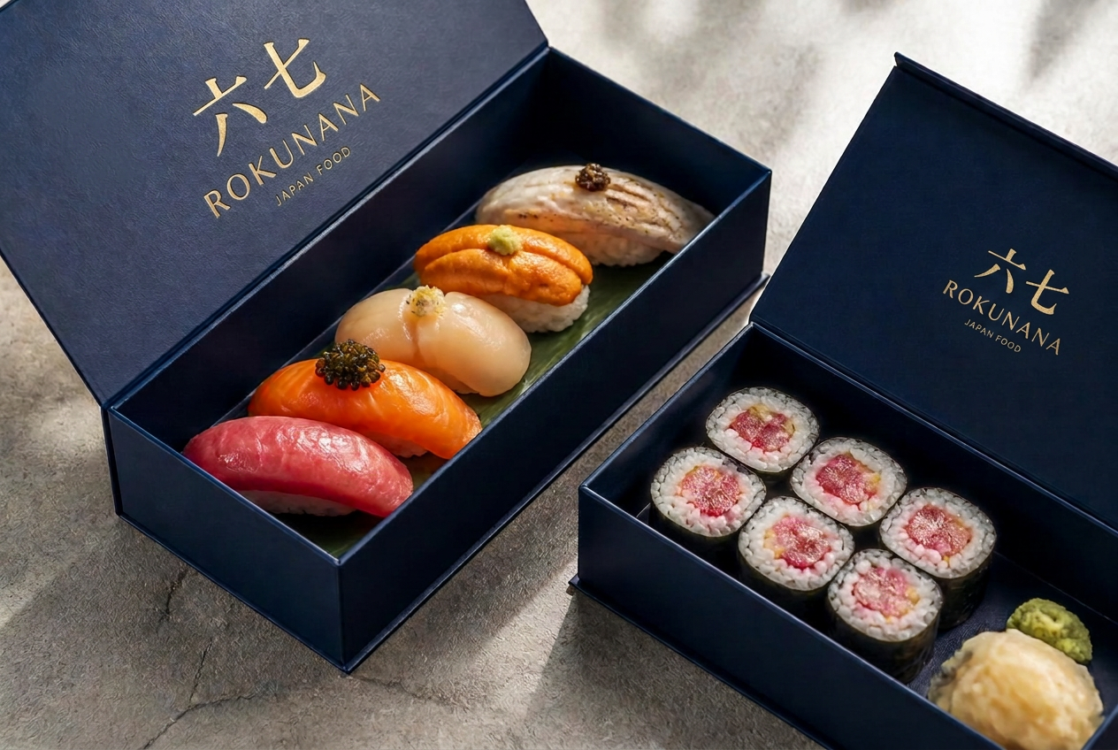 Sushi premium Rokunana em caixas de delivery azul-marinho